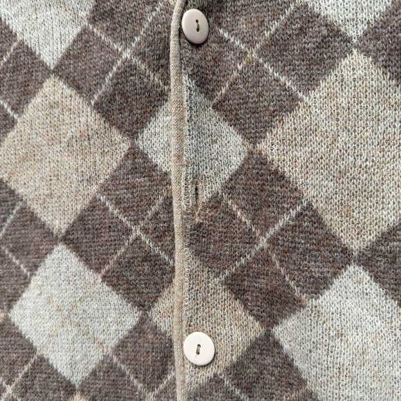 VINTAGE 70s Argyle Indie Grunge Grandpa Tan Brown Cardigan Sweater M/L - Picture 7 of 12